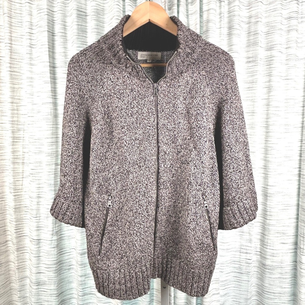 Jones New York Sport Full Zip Cardigan Black White Womens XL Marled Knit EUC